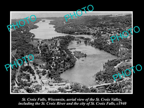 OLD LARGE HISTORIC PHOTO OF ST CROIX FALLS WISCONSIN, AERIAL VIEW OF AREA c1940