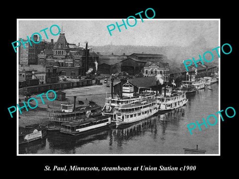 OLD LARGE HISTORIC PHOTO OF St PAUL MINNESOTA, THE UNION STATION STEAMBOATS 1900