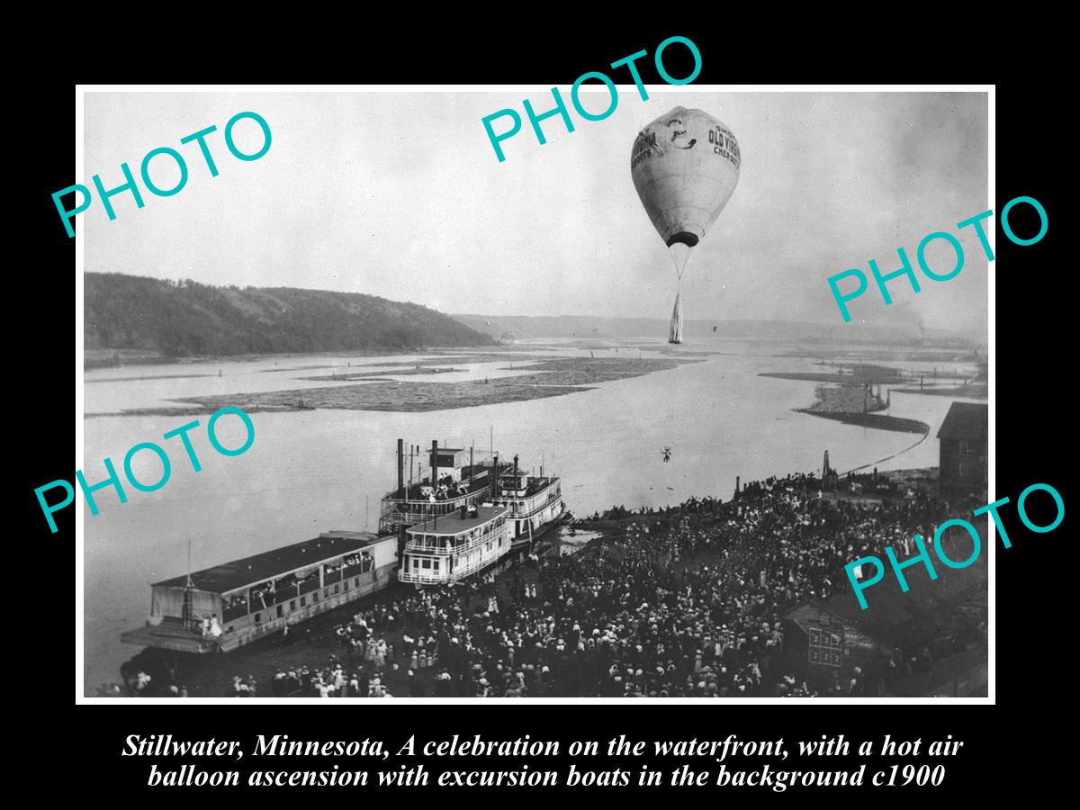 OLD LARGE HISTORIC PHOTO OF STILLWATER MINNESOTA, TOWN CELEBRATION AT RIVER 1900